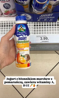 Jogurt pitny z błonnikiem Łowicz marchew z pomarańczą promocja w Dino