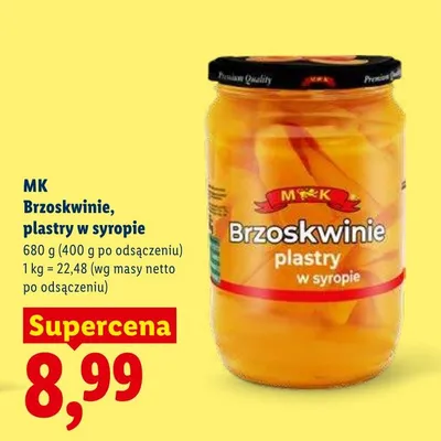 Brzoskwinie plastry w syropie MK promocja w Lidl