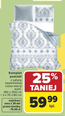 Komplet pościeli z satyny bawełnianej wym. 160x200cm + 2x70x80cm promocja w Carrefour