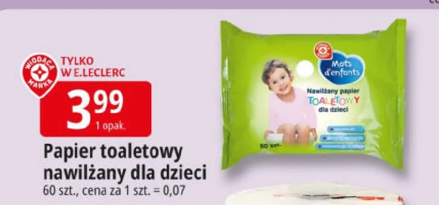 Papier toaletowy nawilżany dla dzieci promocja w Leclerc