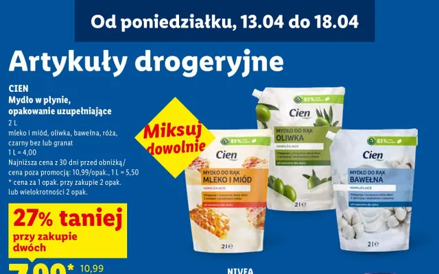 Mydło w płynie, opakowanie uzupełniające mleko i miód, oliwka, bawełna, róża, czarny bez lub granat promocja w Lidl