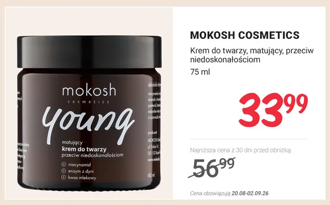 Krem do twarzy matujący przeciw niedoskonałościom Mokosh Cosmetics Young promocja w Rossmann