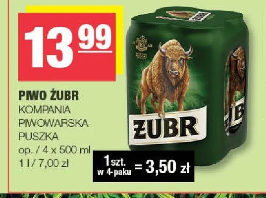 Piwo Żubr puszka 4-pak 500ml promocja w SPAR