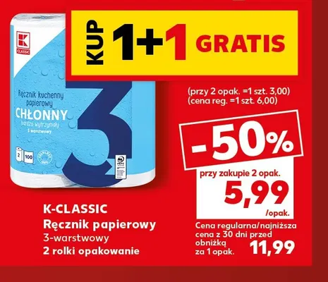 Ręcznik papierowy 3-warstwowy 2-pak K-Classic promocja w Kaufland