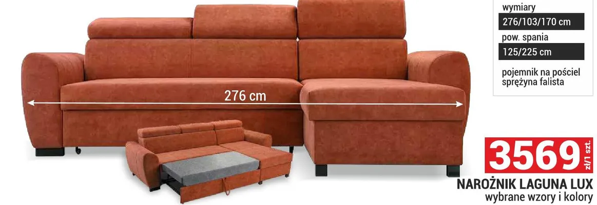 Narożnik Laguna Lux wybrane wzory i kolory 276/103/170cm pojemnik na pościel sprężyna falista promocja w Merkury Market