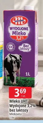 Mleko UHT Wydojone bez laktozy Mlekovita 3,2% promocja w Leclerc