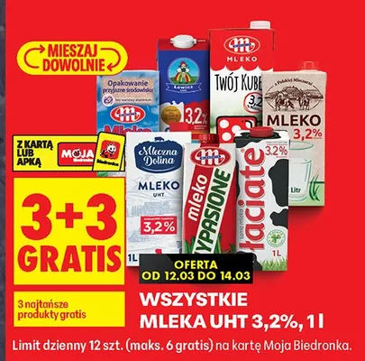 Mleko UHT 3,2% wszystkie rodzaje 3+3 gratis promocja w Biedronka