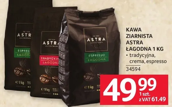 Kawa ziarnista Astra Łagodna tradycyjna, crema, espresso promocja w Selgros