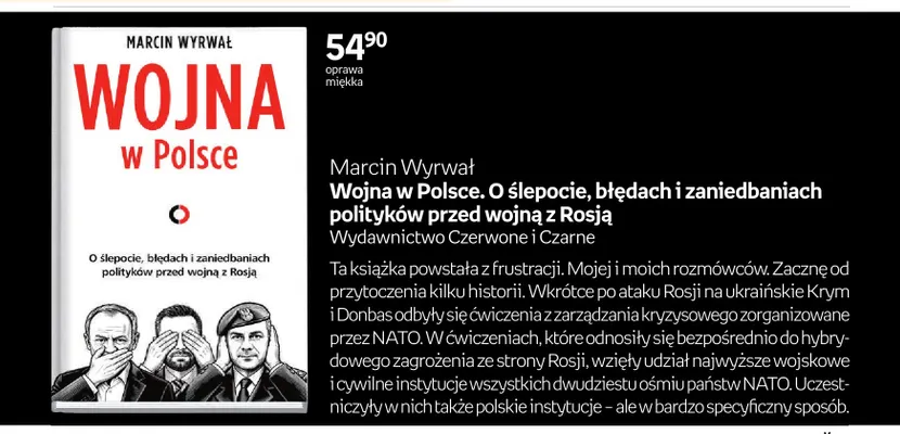 Książka Marcin Wyrwał Wojna w Polsce. O ślepocie, błędach i zaniedbaniach polityków przed wojną z Rosją Czerwone i Czarne promocja w Empik