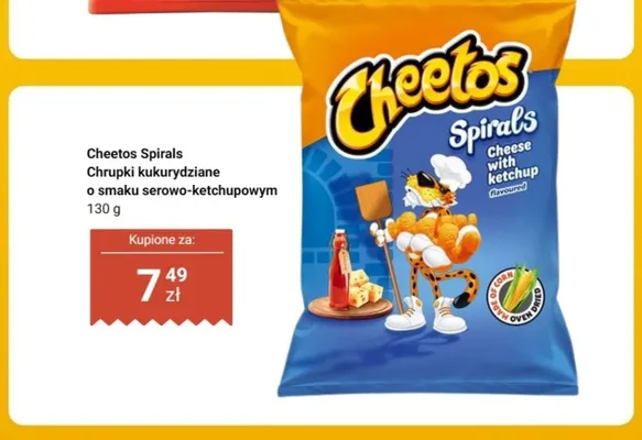 Chrupki kukurydziane Cheetos Spirals o smaku serowo-ketchupowym promocja w Dino