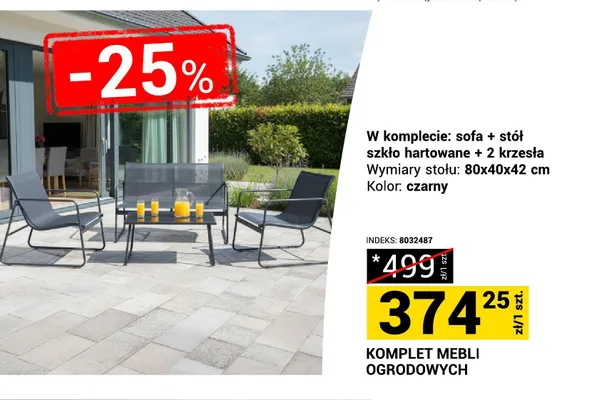 Komplet mebli ogrodowych sofa + stół szkło hartowane + 2 krzesła 80x40x42cm czarny promocja w Merkury Market