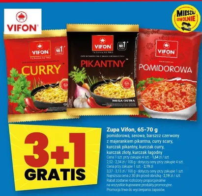 Zupa Vifon, 65-70 g pomidorowa, serowa, barszcz czerwony z majerankiem pikantna, curry szary, kurczak pikantny, kurczak curry, kurczak złoty, kurczak łagodny promocja w Twój Market