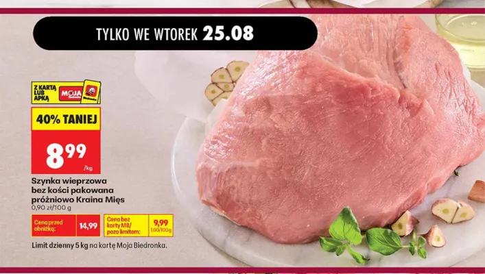 Szynka wieprzowa bez kości pakowana próżniowo Kraina Mięs promocja w Biedronka