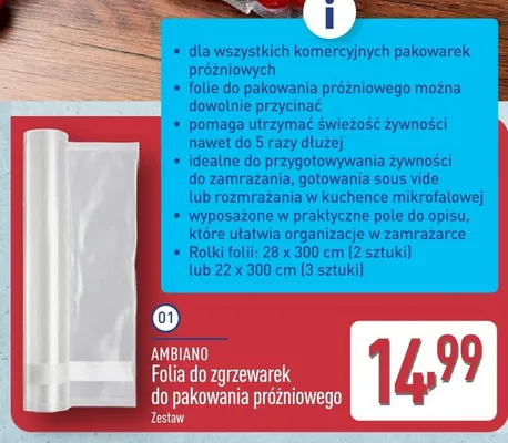 Folia do zgrzewarek do pakowania próżniowego Ambiano 22x300 cm promocja w Aldi