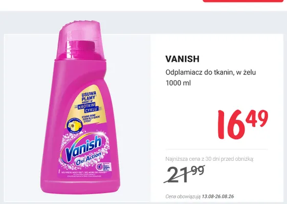 Odplamiacz do tkanin w żelu Vanish promocja w Rossmann