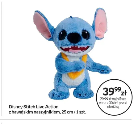 Maskotka Disney Stitch Live Action z hawajskim naszyjnikiem 25 cm promocja w Empik