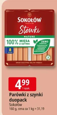 Parówki z szynki Stówki Nature Sokołów duopack promocja w Leclerc