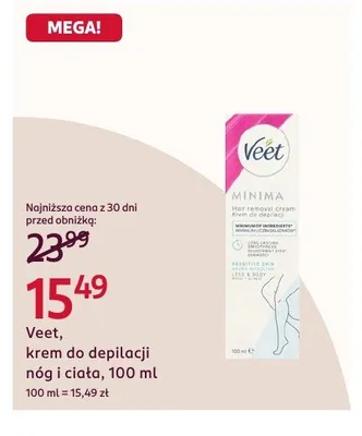 Krem do depilacji nóg i ciała Veet Minima promocja w Rossmann