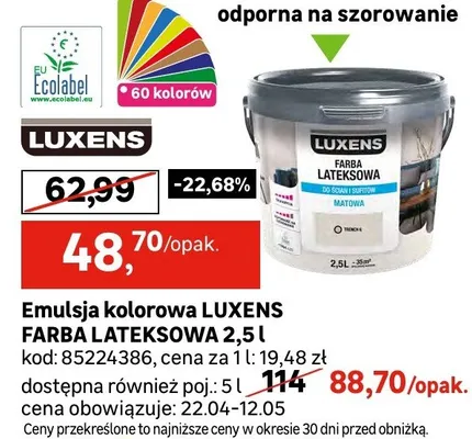 Emulsja kolorowa LUXENS FARBA LATEKSOWA 2,5l promocja w Leroy Merlin