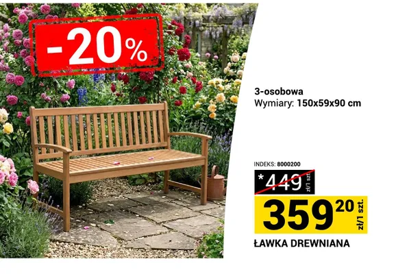 Ławka drewniana 3-osobowa promocja w Merkury Market