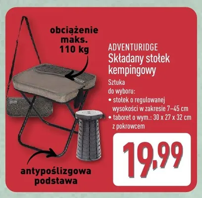 Stołek kempingowy o regulowanej wysokości w zakresie 7-45cm ADVENTURIDGE promocja w Aldi