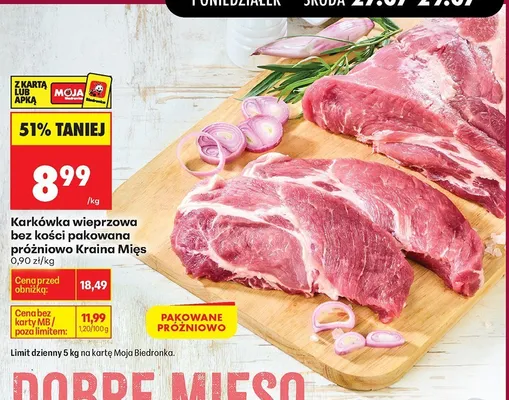 Karkówka wieprzowa bez kości pakowana próżniowo Kraina Mięs promocja w Biedronka