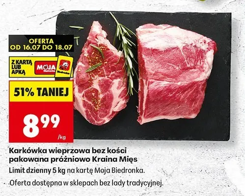 Karkówka wieprzowa bez kości pakowana próżniowo Kraina Mięs promocja w Biedronka