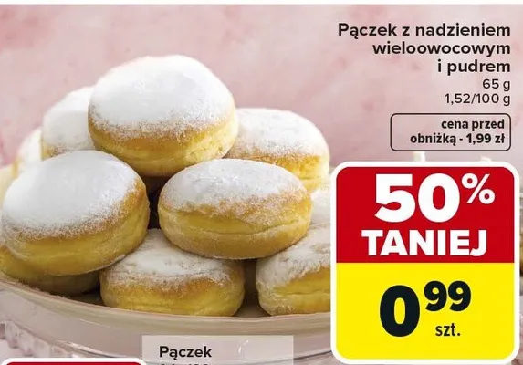 Pączek z nadzieniem wieloowocowym i pudrem promocja w Carrefour Market