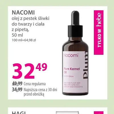 Olej z pestek śliwki do twarzy i ciała z pipetą Nacomi promocja w Hebe