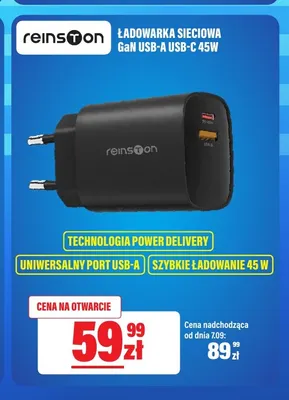 Ładowarka sieciowa Reinston GaN USB-A USB-C 45W promocja w RTV EURO AGD