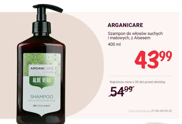 Szampon do włosów suchych i matowych z aloesem Arganicare promocja w Rossmann