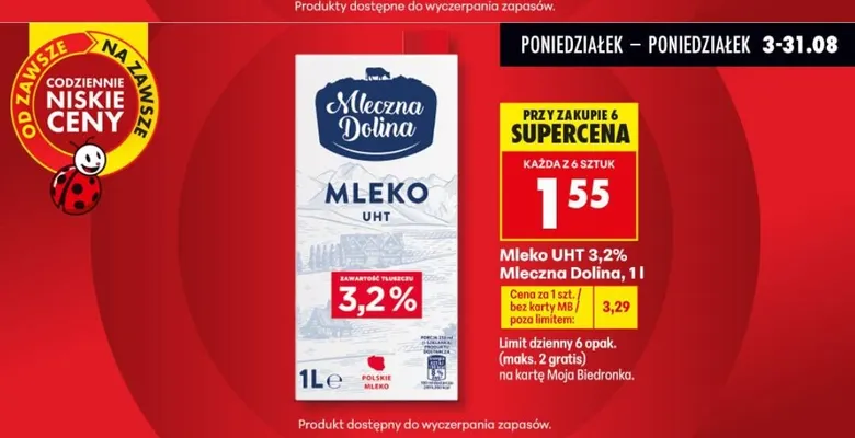 Mleko UHT 3,2% Mleczna Dolina promocja w Biedronka