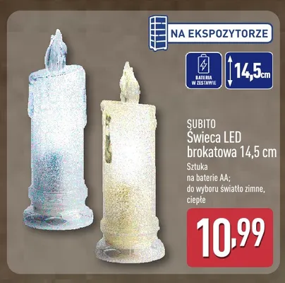 Świeca LED brokatowa Subito światło zimne 14,5 cm promocja w Aldi