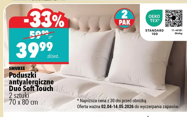 Poduszki antyalergiczne Smukee Duo Soft Touch 70x80cm 2 sztuki promocja w Biedronka Home