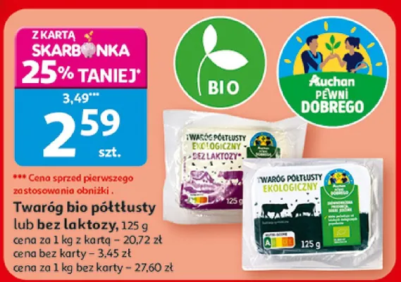 Twaróg bio półtłusty lub bez laktozy promocja w Auchan