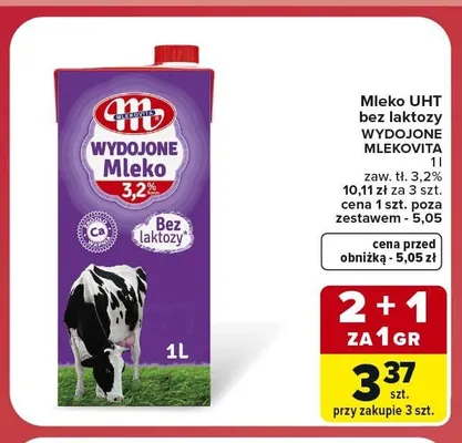 Mleko UHT bez laktozy Wydojone Mlekovita 3,2% promocja w Carrefour Market