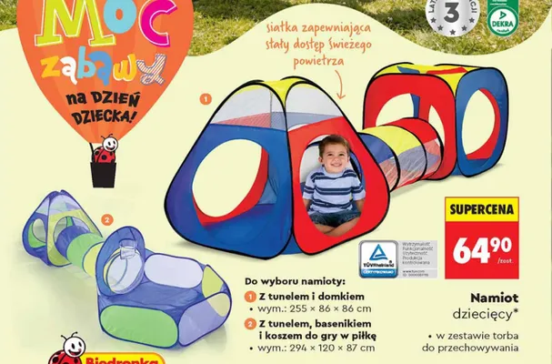 Namiot dziecięcy z tunelem i domkiem wym. 255x86x86cm w zestawie torba do przechowywania promocja w Biedronka
