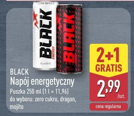 Napój energetyczny zero cukru, dragon, mojito Black promocja w Aldi
