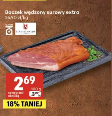 Boczek wędzony surowy extra Stanisławów promocja w Delikatesy Centrum