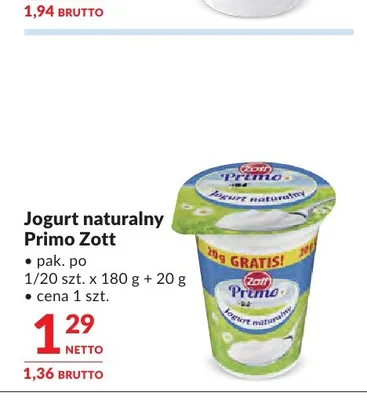 Jogurt naturalny Primo Zott promocja w Makro