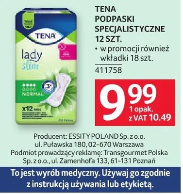 Podpaski Tena Lady specjalistyczne 12 szt. promocja w Selgros