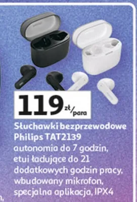 Słuchawki bezprzewodowe TAT2139 autonomia do 7 godzin, etui ładujące do 21 dodatkowych godzin pracy, wbudowany mikrofon, specjalna aplikacja, IPX4 promocja w Auchan