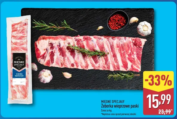 Mięsne specjały żeberka wieprzowe paski promocja w Aldi