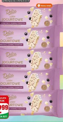 Lody na patyku jogurtowe z sorbetem z czarnej porzeczki Deliss promocja w Dino