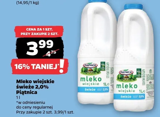 Mleko wiejskie świeże 2,0% Piątnica promocja w Netto