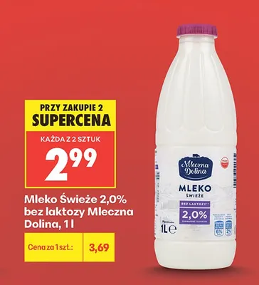 Mleko Świeże 2,0% bez laktozy Mleczna Dolina promocja w Biedronka