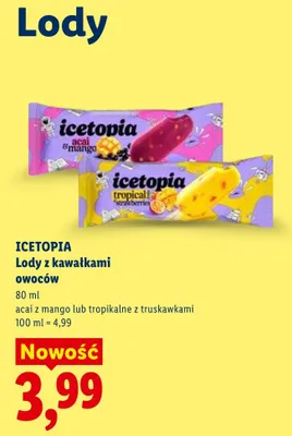 Lody z kawałkami owoców acai z mango lub tropikalne z truskawkami promocja w Lidl