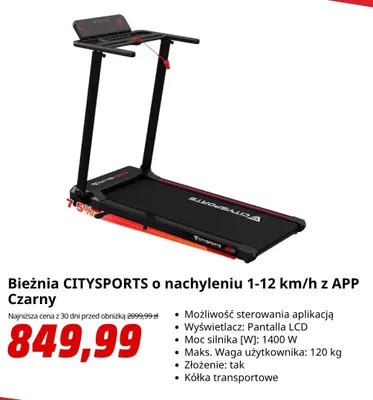 Bieżnia Citysports o nachyleniu 1-12 km/h z App czarny promocja w Media Markt