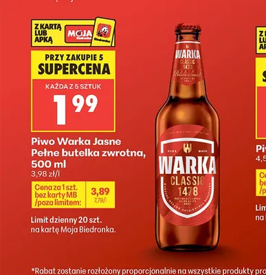Piwo Warka Jasne Pełne butelka zwrotna promocja w Biedronka