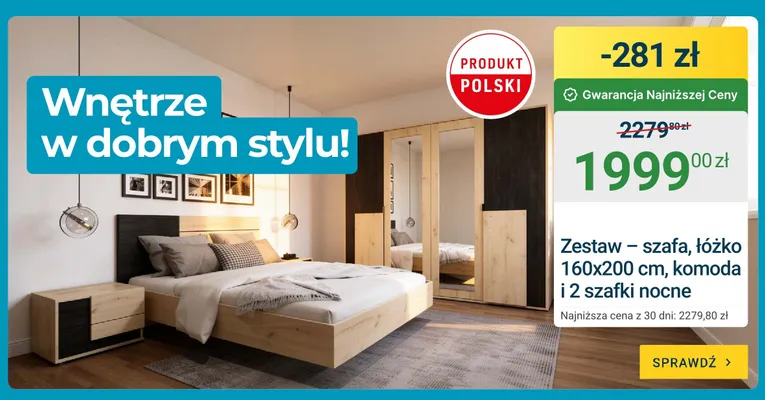 Zestaw szafa łóżko 160x200 cm komoda i 2 szafki nocne promocja w ERLI